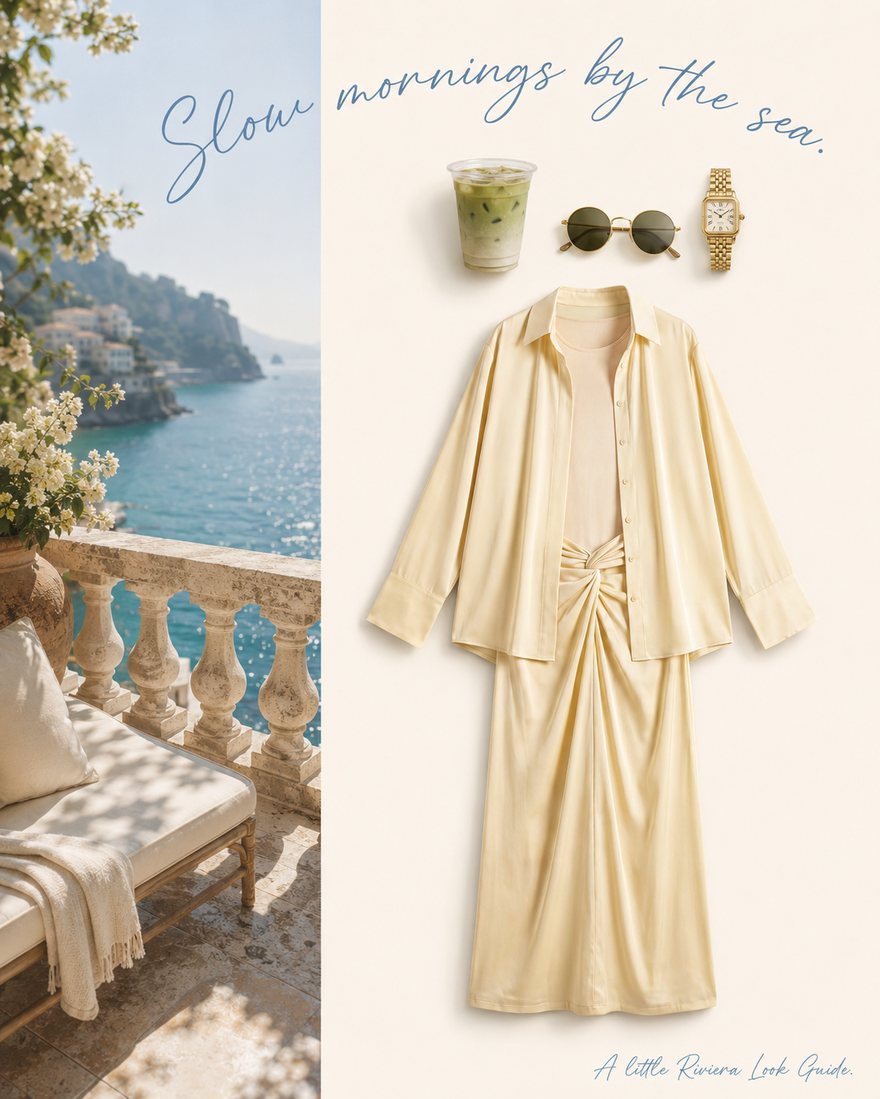 AI-generated campaign layout — Riviera look guide flat-lay