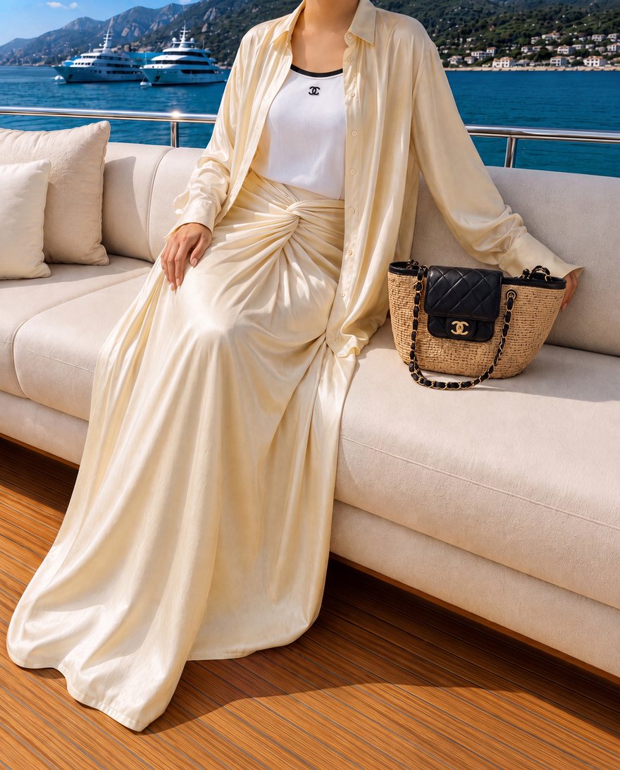 AI-generated lifestyle editorial — cream silk look on a yacht deck, Riviera coastline behind